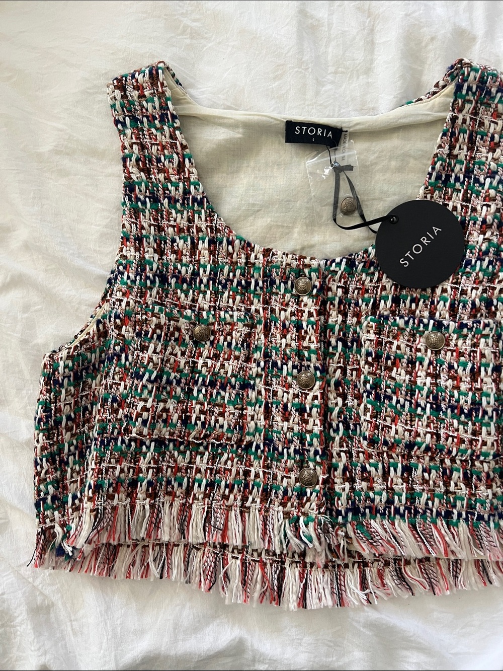 Storia Multicolor Tweed Fringe Crop Top NWT